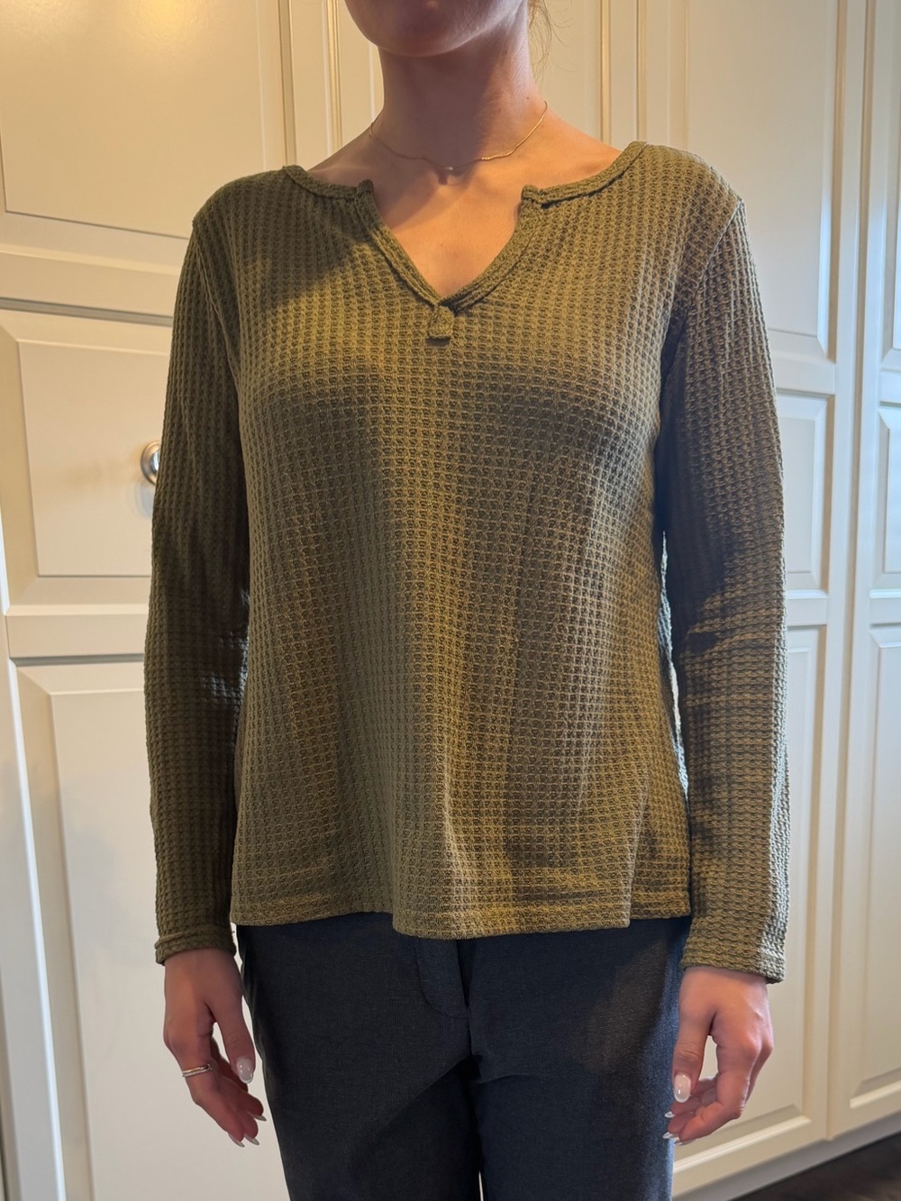 Olive Waffle-Knit V-Neck Women's Sweater